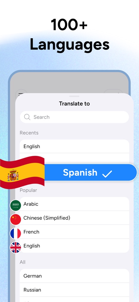 Translate AI • AI Translator - La herramienta ofrece soporte para más de 100 idiomas, presentando una lista exhaustiva donde los usuarios pueden seleccionar, como se ilustra con la **opción 'Spanish' marcada** con un check y la **bandera correspondiente**.