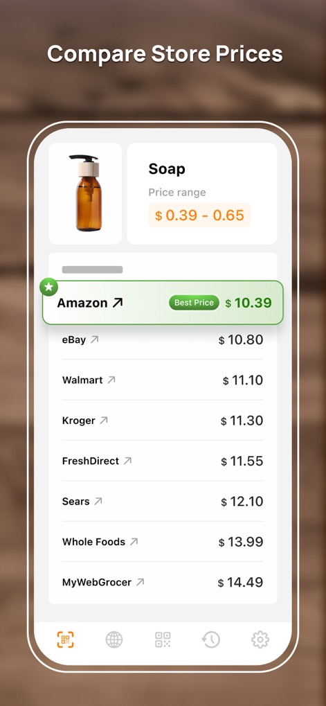 قارئ الباركود - Barcode reader - Los usuarios pueden comparar precios de productos en múltiples tiendas, como se muestra en la lista de minoristas con ofertas detalladas y la etiqueta de "Mejor Precio" de Amazon.