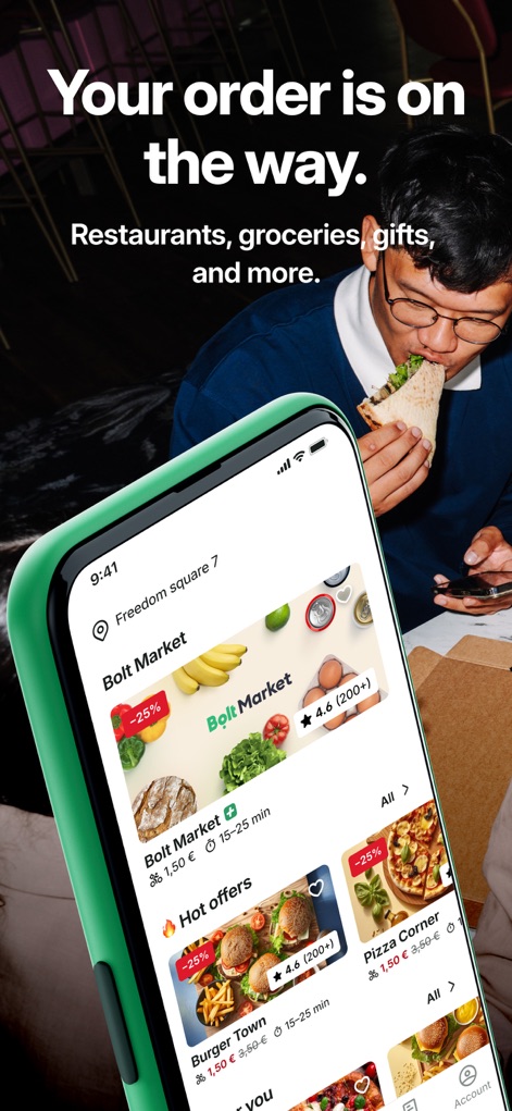 Bolt Food - Die App zeigt die Vielfalt der Optionen mit einem Überblick über den Bolt Market und aktuelle "Hot Offers".