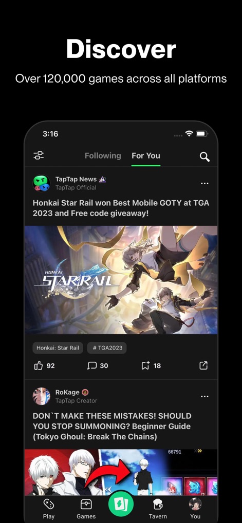 TapTap - L'application propose un fil d'actualité "Pour Vous" dynamique pour la découverte de contenu, et met en avant les contributions de la communauté, permettant aux utilisateurs d'interagir avec des guides et des actualités.