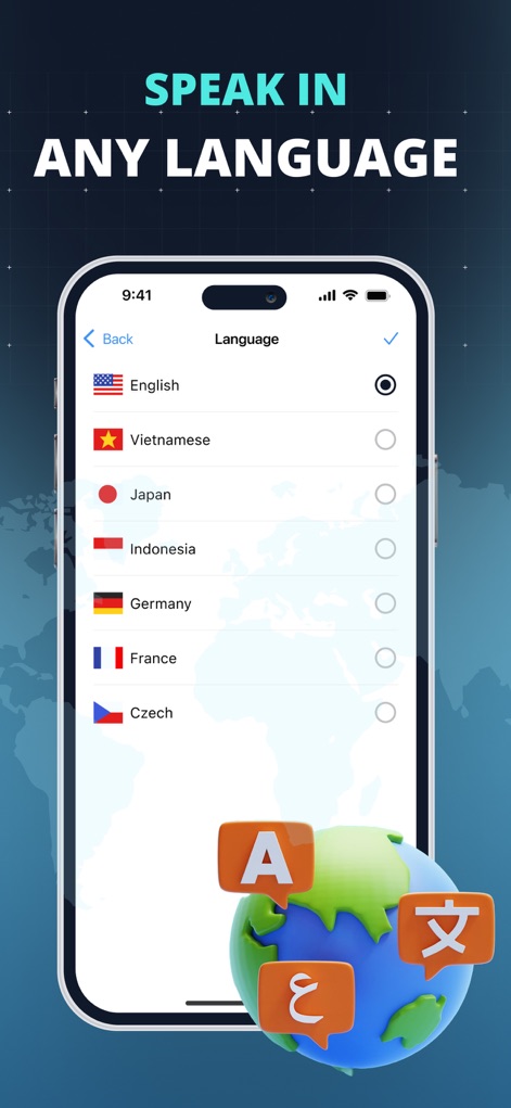 AI Voice Changer・Sound Effects - L'application propose un support multilingue étendu pour la génération vocale, permettant aux utilisateurs de sélectionner aisément leur langue préférée parmi une liste variée pour leurs projets audio.