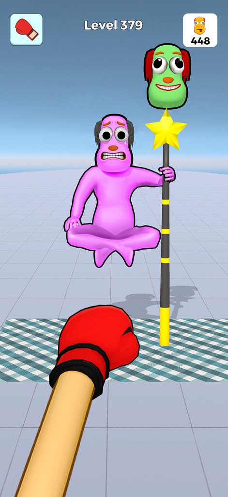 Annoying Uncle Punch Game - O jogador enfrenta um personagem meditativo, com uma cabeça flutuante verde e um bastão estrelado, indicando um desafio peculiar no Nível 379.
