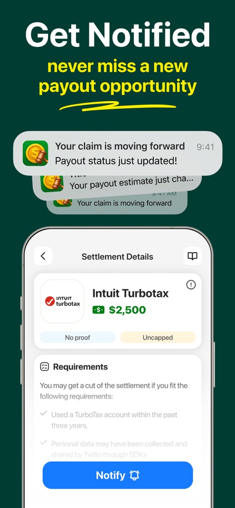 ClaimHunt – Claim Settlement - This tool keeps users informed with real-time notification bubbles like 'Your claim is moving forward' and allows them to activate alerts for new opportunities, such as the 'Intuit Turbotax' settlement details.