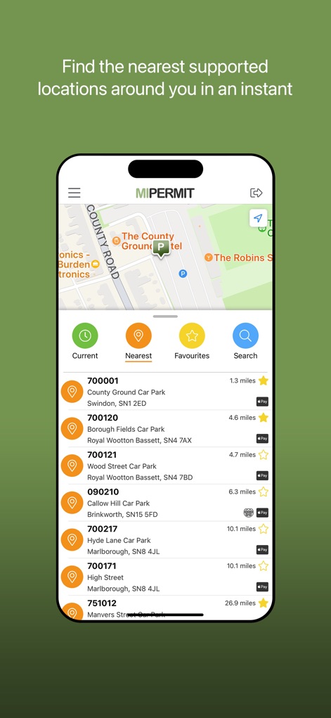 MiPermit - Users can quickly find available parking using the 'Nearest' tab, which lists locations by proximity and clearly indicates payment availability.