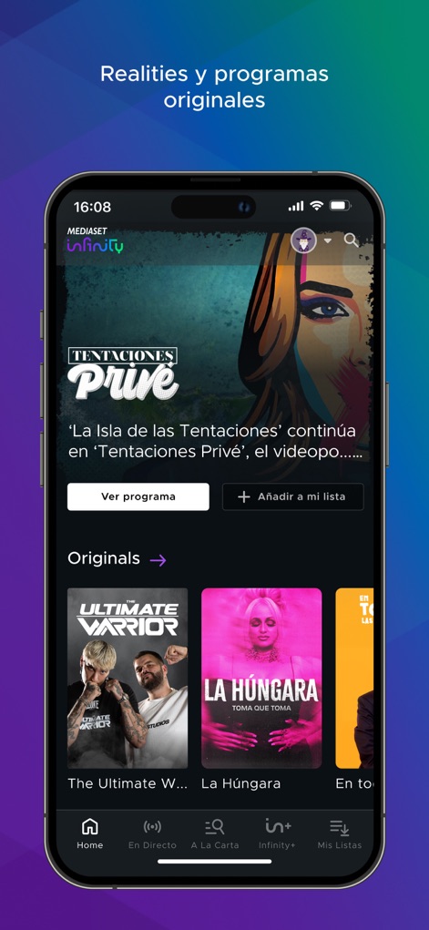 Mediaset Infinity España - The app showcases a dedicated section for exclusive original programs, featuring shows like 'TENTACIONES PRIVÉ' and unique content carousels.