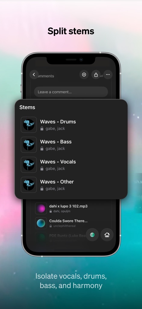 Baton - Unreleased Music - La interfaz permite la visualización de "Stems" como "Drums" y "Bass", brindando control granular sobre las pistas de audio.