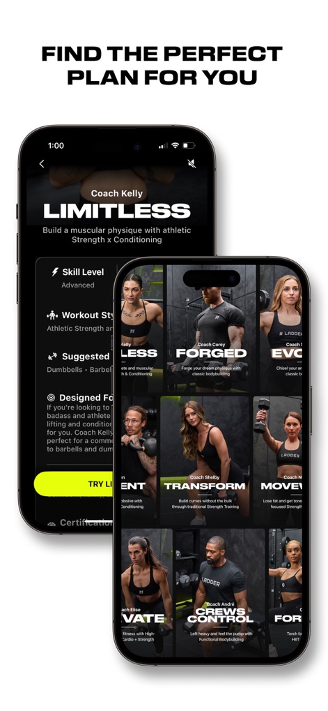 LADDER Strength Training Plans - This tool helps users find their ideal strength training program, offering a diverse selection like 'LIMITLESS' and 'FORGED', each detailed with descriptions and a skill level assessment.