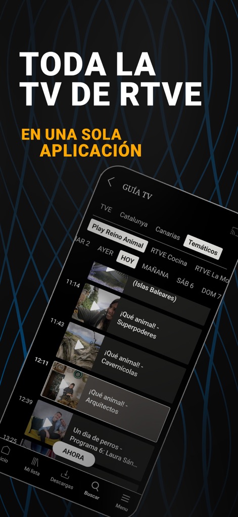 RTVE Play - La aplicación integra la 'GUÍA TV' completa de RTVE, permitiendo a los usuarios explorar la programación diaria a través de pestañas por canal y región.