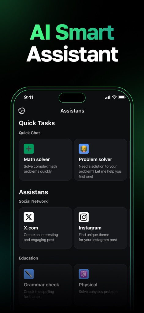 AI Chat Bot - My Assistant - 「Quick Tasks」セクションには、数学問題解決や一般的な問題解決ツールがあり、ソーシャルネットワークや教育といった多様なアシスタントカテゴリーが利用可能です。