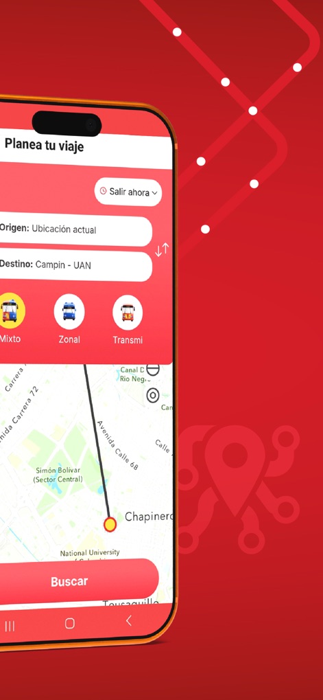 TransMi App - Los usuarios pueden definir su 'Origen' y 'Destino' con un mapa interactivo, seleccionando el tipo de transporte entre 'Mixto', 'Zonal' y 'Transmi' para encontrar la mejor ruta.