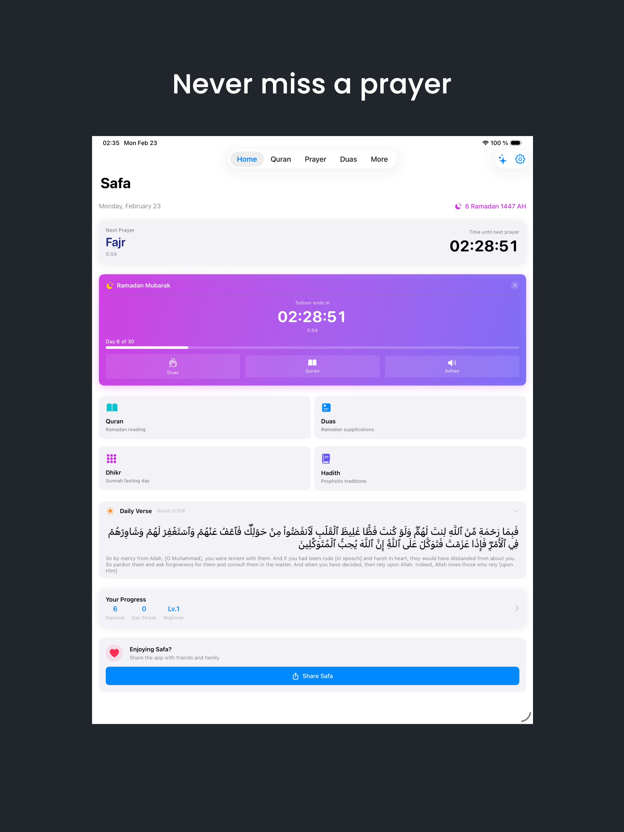Safa: Prayer Times & Quran