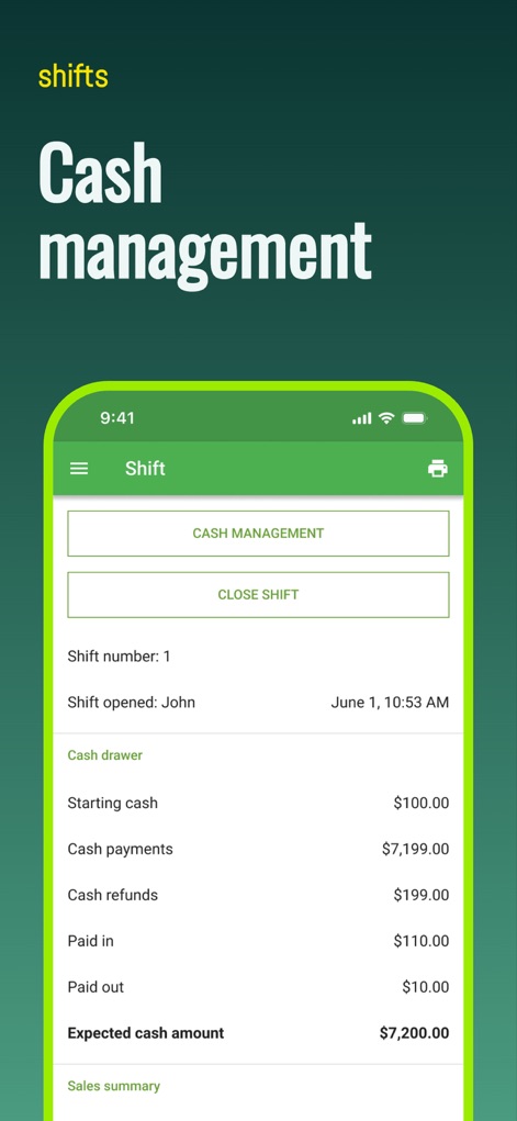 Loyverse POS - Point of Sale - Explore the app's detailed shift summary, meticulously tracking cash movements such as payments and refunds, and calculating the expected cash amount for precise reconciliation.