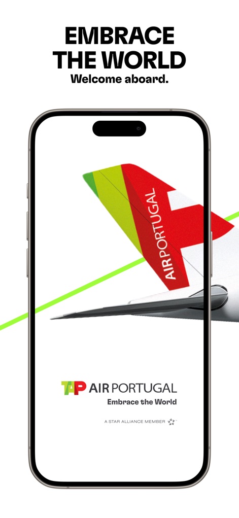 TAP Air Portugal - This screenshot introduces the app with its prominent 'Embrace the World' tagline and the recognizable TAP Air Portugal brand logo.