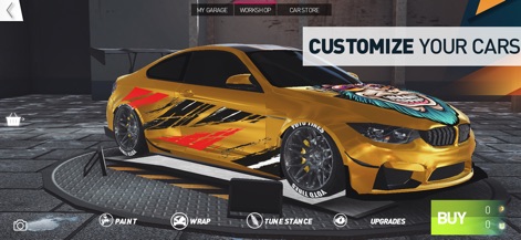 PetrolHead : Street Racing - このスクリーンショットでは、ユーザーは車のボディに施されたグラフィックラップと、車高調整やホイール交換といった詳細なカスタマイズオプションを通じて、自分だけのマシンを作り上げることができます。