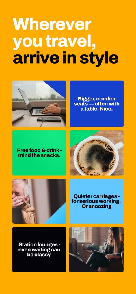 Seatfrog: Rail Journey Planner - L'application liste les avantages comme des "Bigger, comfier seats" et des "Quieter carriages".