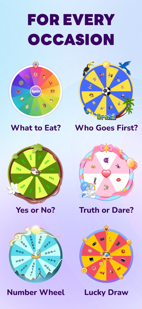 Spin Wheel - Random Pick - Users can choose from a variety of pre-designed wheels, including "What to Eat?" and "Truth or Dare?", for any occasion.