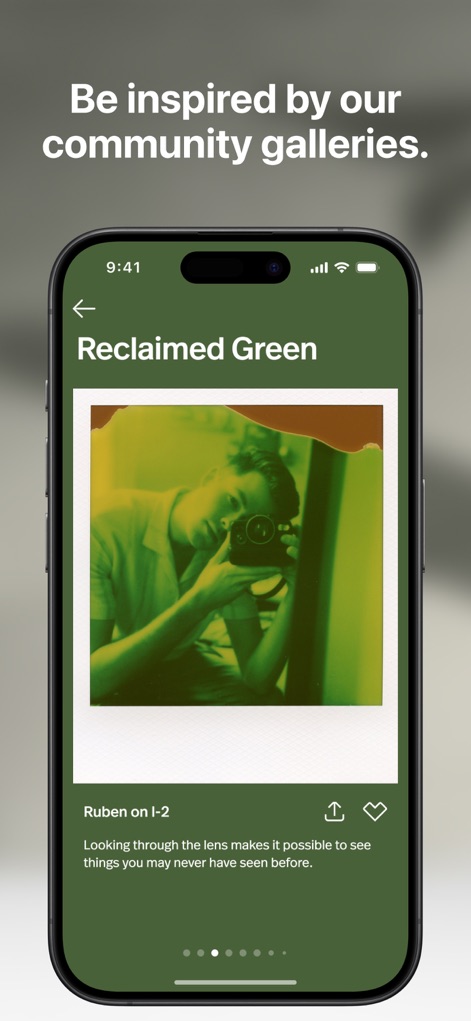 Polaroid - Explore captivating community galleries, showcasing user creations like the 'Reclaimed Green' themed photo and options to like posts.
