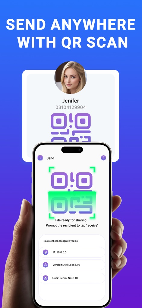 Smart Switch: Copy my data - La herramienta permite el envío de datos mediante un escaneo de código QR, visible en la pantalla principal junto a la información de contacto del remitente.