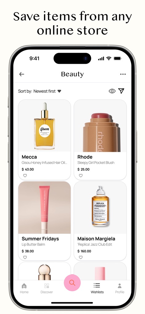 Sortd | Shopping Wishlist App - Los usuarios pueden guardar artículos de cualquier tienda online, como el 'Gisou Honey Infused Hair Oil' y el 'Rhode Sleepy Girl Pocket Blush', en sus listas de deseos específicas, manteniendo un seguimiento detallado de los precios de cada producto.