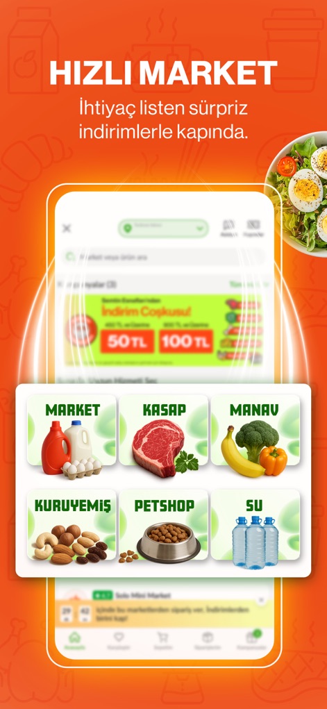 Trendyol Go: Food & Groceries - Nutzer entdecken die 'Hızlı Market'-Option für schnelle Einkäufe, ergänzt durch spezifische Abteilungen wie den 'Kasap' für Fleischwaren und den 'Manav' für frisches Obst und Gemüse.