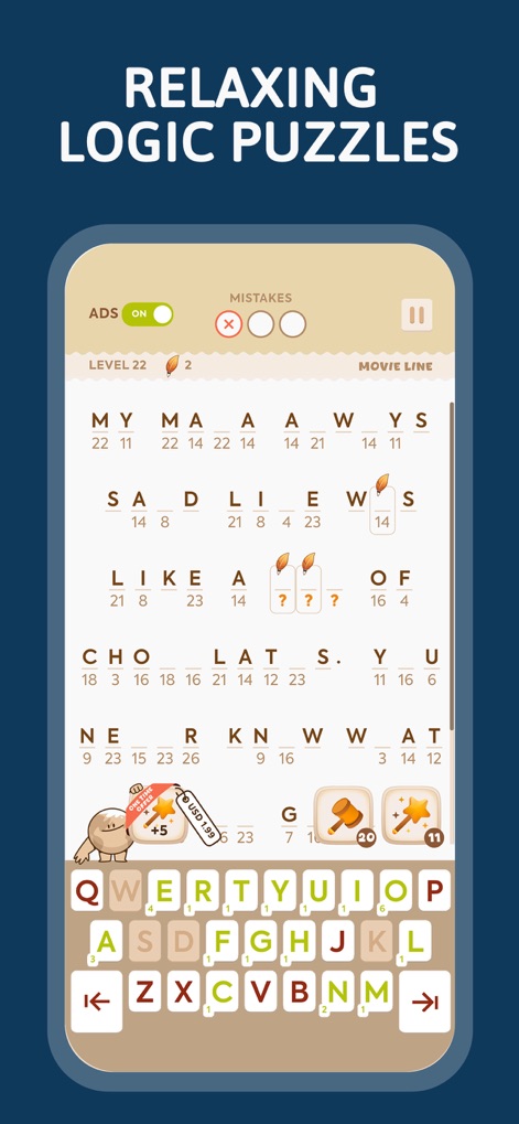 Cryptogram: Number & Word Game - 이 화면은 사용자가 편안한 분위기에서 논리 퍼즐을 즐길 수 있도록 디자인된 인터페이스를 보여줍니다. 퍼즐의 현재 레벨("LEVEL 22")과 상단에 표시된 오답 수를 통해 진행 상황을 쉽게 확인할 수 있습니다.