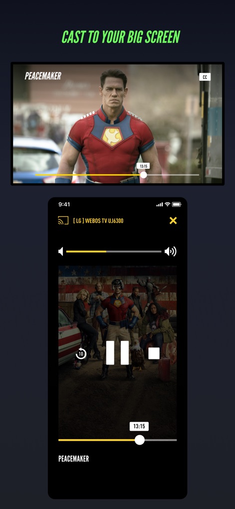 Watch TNT - Users can easily cast content to a larger display via the dedicated cast icon and manage playback through the intuitive casting interface, connecting to devices like an "LG WebOS TV."