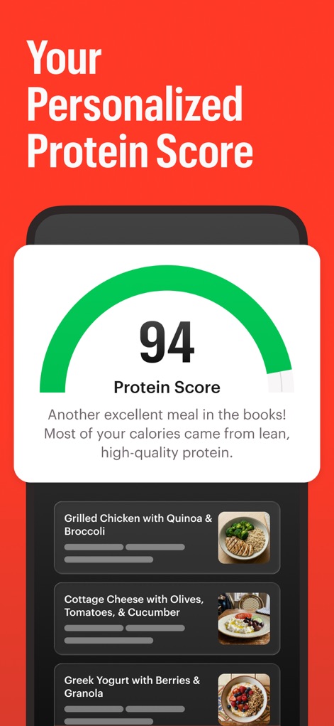 Zero: Fasting & Food Tracker - Review how the app generates a personalized '94 Protein Score' and tracks meals such as 'Grilled Chicken with Quinoa & Broccoli' to ensure protein targets are met.