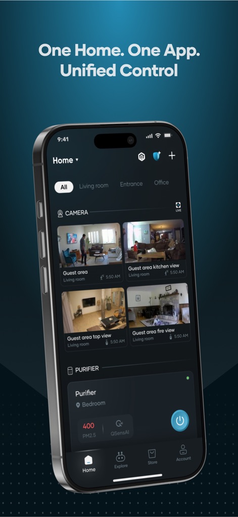 Qubo - Die App ermöglicht die Fernüberwachung des Hauses durch Live-Feeds mehrerer Kameras (X) und bietet umfassende Kontrolle über Smart-Home-Geräte wie den Purifier (Y).