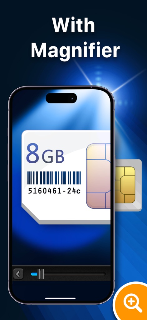 Best Flash Light - Flashlight - Les utilisateurs peuvent examiner des détails minutieux grâce à la fonction de loupe et au zoom vidéo, affichant clairement le texte '8GB' sur la carte SIM.