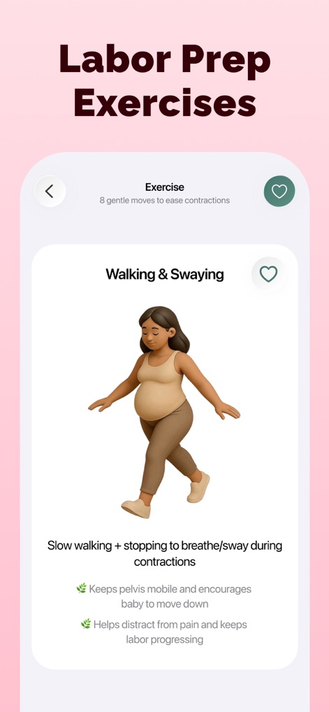 Contraction Timer ＆ Tracker - La aplicación guía a los usuarios a través de ejercicios de preparación al parto, como 'Walking & Swaying', con instrucciones claras y una ilustración visual que demuestra el movimiento.