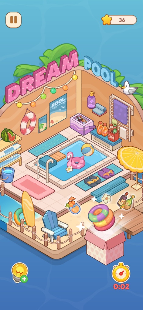 My Perfect Home: Design Game - ユーザーは、リゾート感あふれるプールエリアや、夏らしいカラフルな浮き輪や装飾を配して、理想のサマーリゾート空間を創造する喜びを味わうことができます。