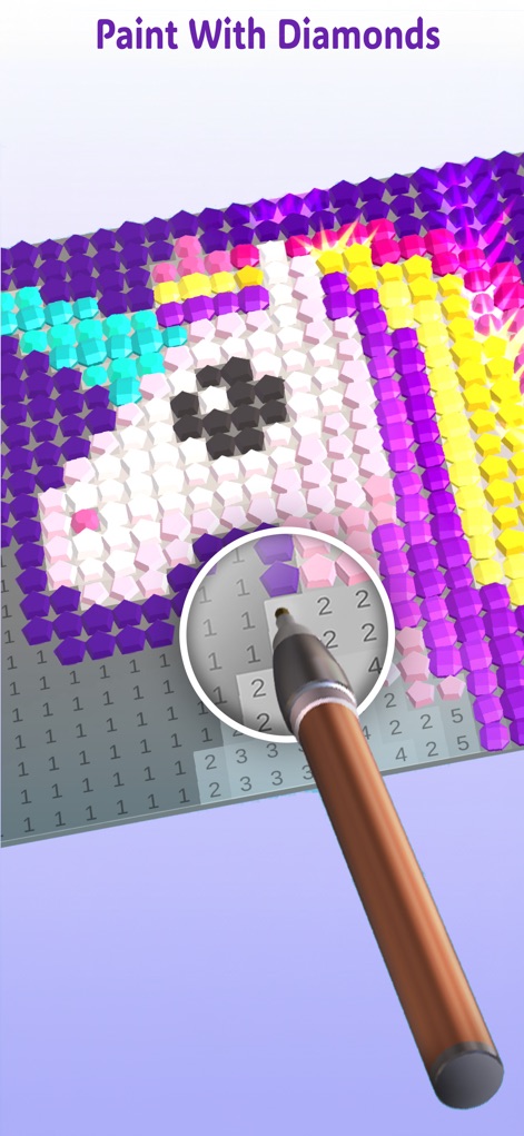 Diamond Painting ASMR Coloring - This tool allows users to zoom in for precise diamond application, revealing intricate details and a clear numbered grid for guidance.