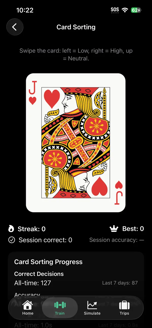 Card sorting drill: swipe each card by its count value, with streak and accuracy tracking