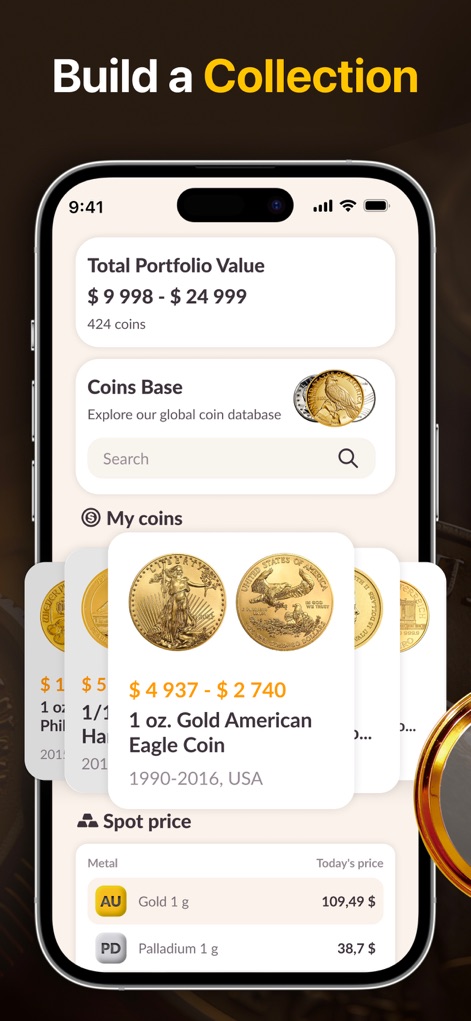 Coin Scanner & Value Checker - Users can efficiently manage their numismatic assets, viewing the 'Total Portfolio Value' and organizing individual coins within the 'My coins' section.