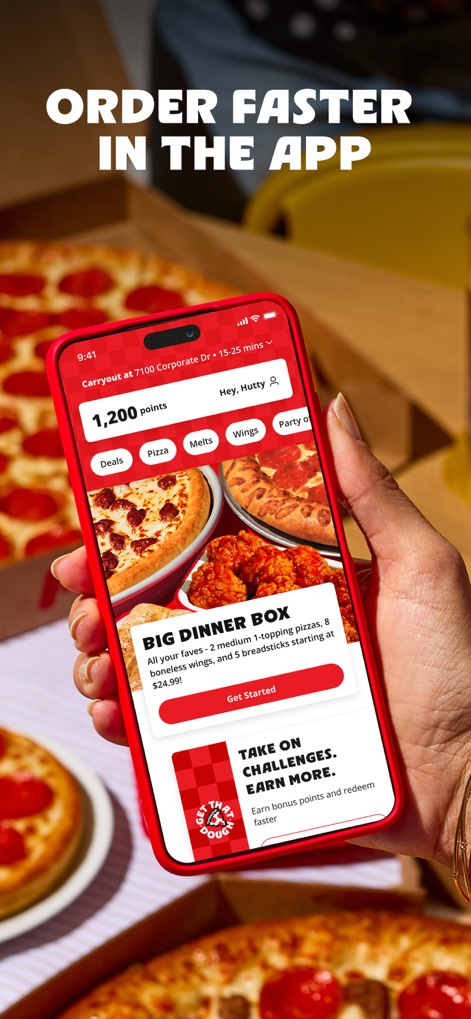 Pizza Hut - Delivery & Takeout - See how the app streamlines ordering with a clear display of earned Hut Rewards points and convenient category navigation for deals and menu items.