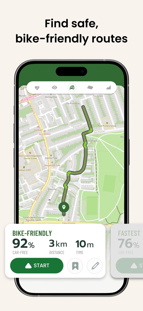 Cyclers: Bike Route Planner - Esta vista destaca la capacidad de la aplicación para encontrar rutas seguras, mostrando el porcentaje de seguridad de la ruta y datos esenciales como la distancia y el tiempo estimado.