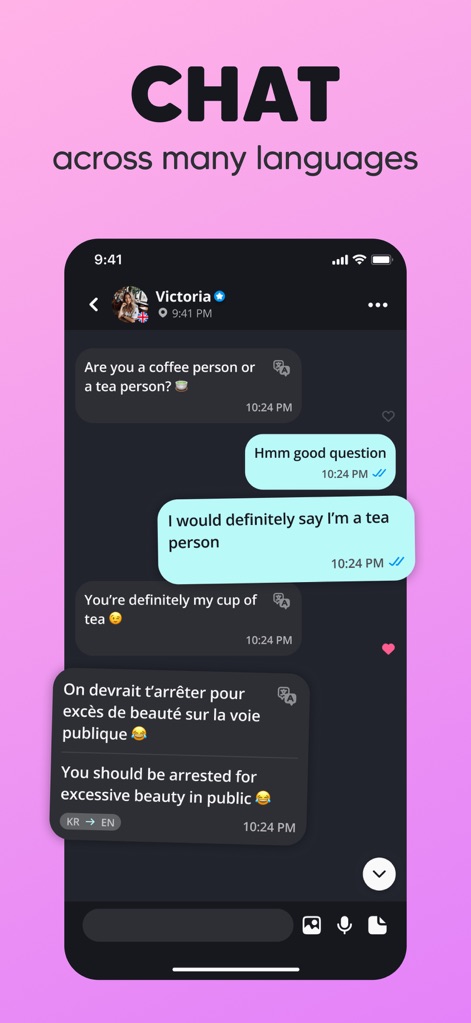 Moji – Korea & Japan Friends - Experience seamless communication within the chat interface, featuring message bubbles and AI-powered translation for diverse languages.