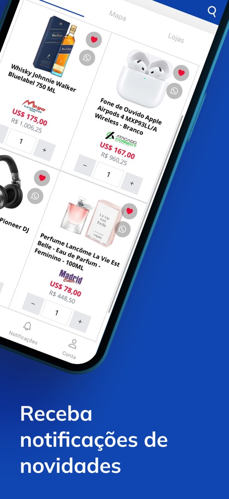 Compras Paraguai - Restez informé des dernières nouveautés grâce aux notifications et explorez les produits via des vignettes détaillées, tout en naviguant vers les informations des magasins depuis le pied de page.