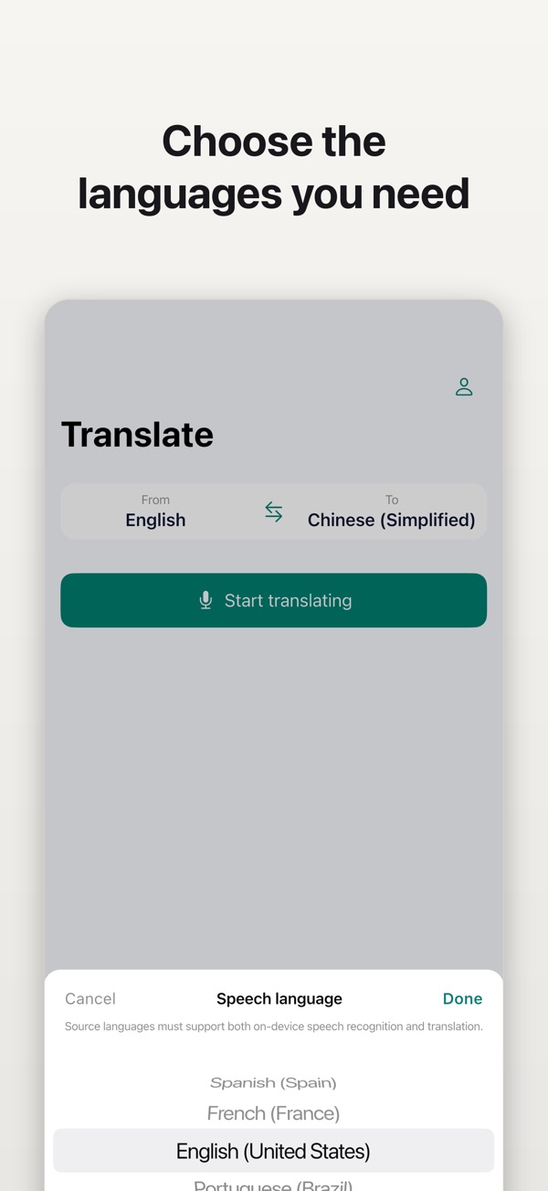 Talklation language picker showing device-supported speech and translation languages
