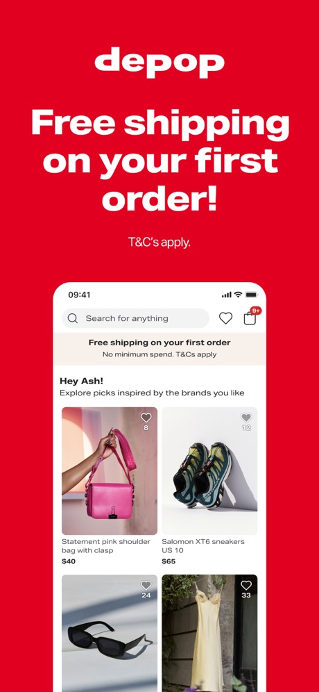 Depop - Buy & Sell Clothes App Store screenshot 2, headline “Free shipping on your first order!”. Solid background.
