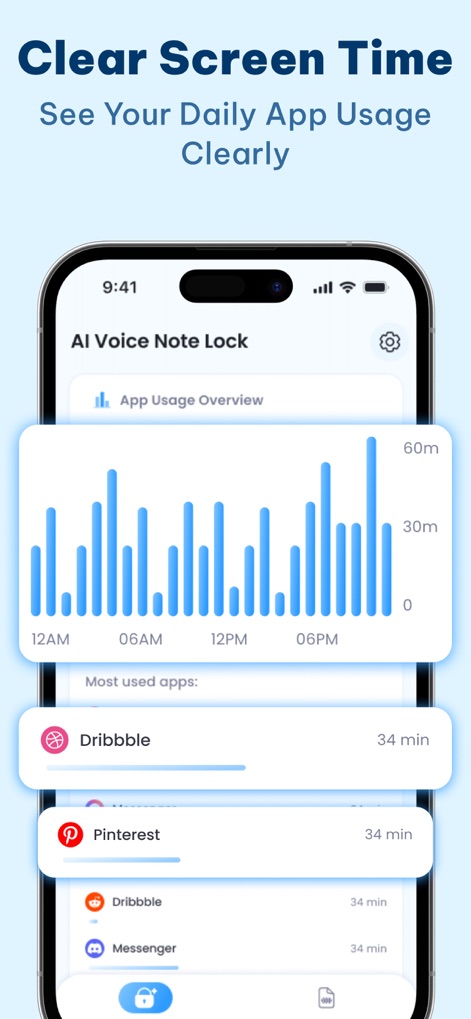 AI Voice Note Lock – App Lock - Users can gain valuable digital well-being insights from a clear app usage bar chart and a detailed usage list showcasing time spent on specific applications.
