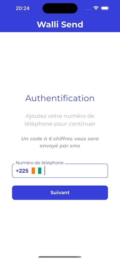 WalliSend - See how users begin with a clear phone number input field and a prominent 'Next' button for easy authentication.