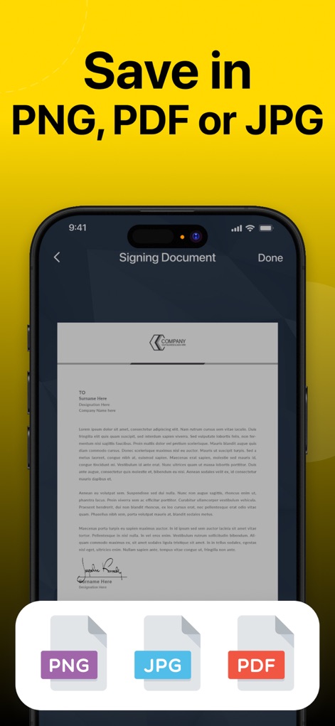 e Signature Scanner, Sign PDF - After signing, users have the flexibility to save their documents in various formats, indicated by the prominent PNG, JPG, or PDF icons at the bottom of the screen.