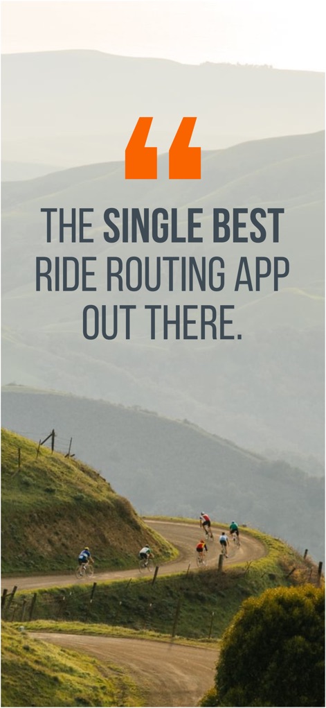 Ride with GPS: Bike Navigation - Ce visuel met en évidence le témoignage éloquent sur la supériorité de l'application et présente des cyclistes évoluant sur une route sinueuse en montagne.