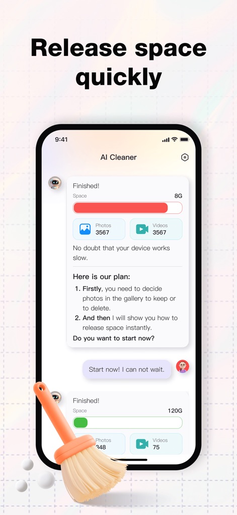 AI Cleaner-Chat to cleanup - A ferramenta fornece um resumo claro do espaço disponível, indicando a quantidade de "Photos" e "Videos" no dispositivo, e oferece uma chamada à ação para iniciar o processo de liberação de armazenamento.