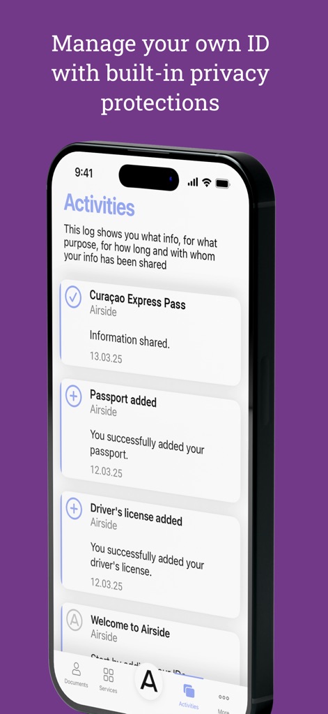 Airside Digital Identity - The 'Activities' log provides transparent tracking of 'Information shared' for services like Curaçao Express Pass and records events such as a 'Passport added' for complete data control.