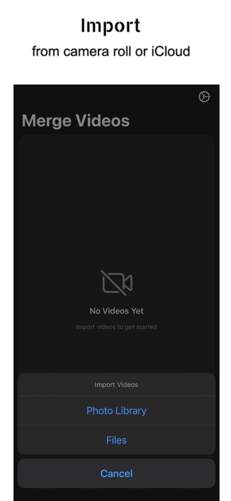 Merge Videos - Compilation - ユーザーは「Photo Library」または「Files」オプションを通じて、様々なソースから動画クリップを簡単にインポートできます。
