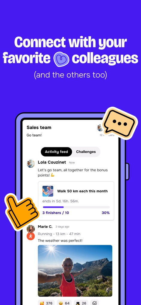 United Heroes - La herramienta potencia el compañerismo con un feed de actividad que muestra el progreso individual y colectivo, y desafíos de equipo donde se visualizan los 'finishers' que completan la meta.