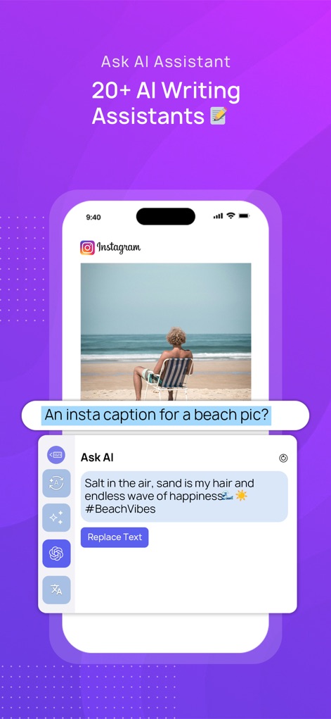 CleverType - AI Keyboard - Discover the app's powerful AI writing assistants that generate creative content, such as a suggested Instagram caption from a simple user prompt.