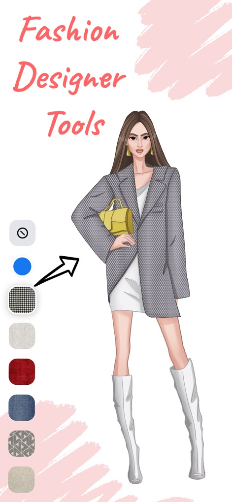 Fashion Design Sketch Tools - La aplicación permite a los usuarios aplicar texturas detalladas como el vibrante patrón de pata de gallo y seleccionar colores específicos de una paleta intuitiva, como el azul, para personalizar cada prenda.